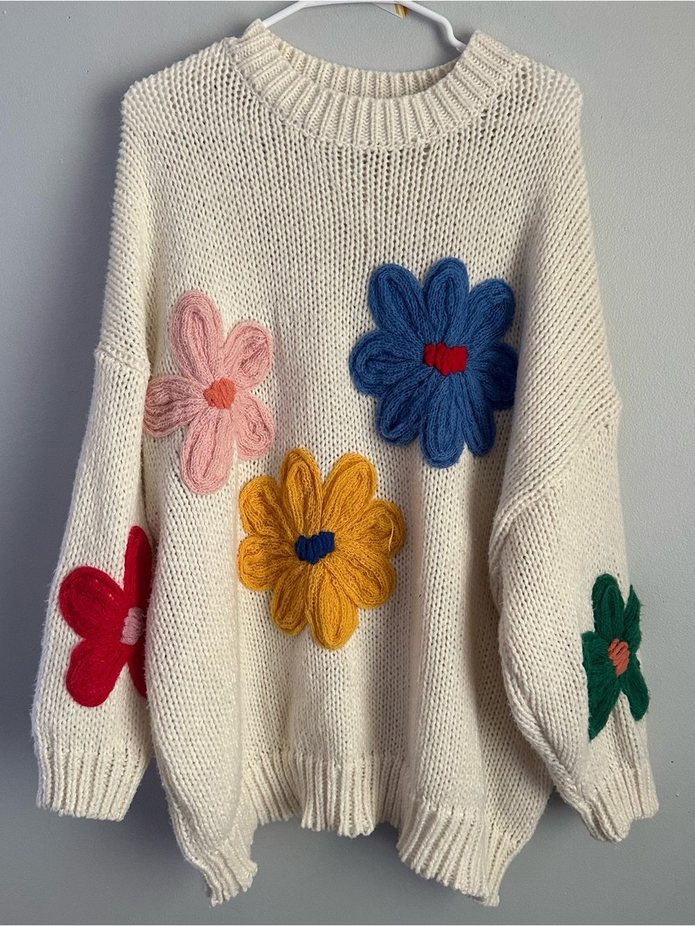 Women’s 2X Polagram Cream Knit Sweater colorful flower crochet knit 2xl boutique